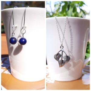 Three Leaf Necklace & Blue Lapis Stone Earrings Bundle